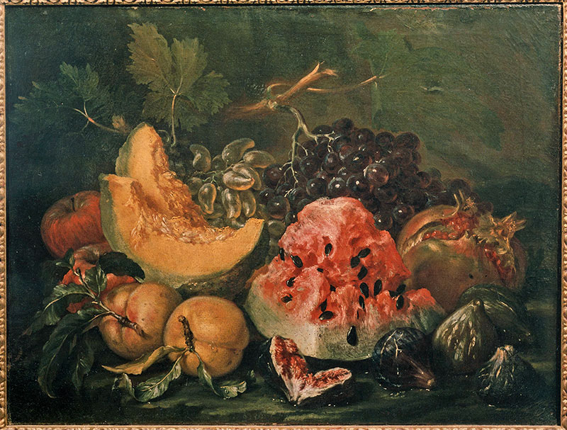 Anonimo — Castelli Giovanni Paolo (Spadino) - sec. XVII/ XVIII - Natura morta con melone, cocomero, pesche, uva, fichi e melagrana — insieme